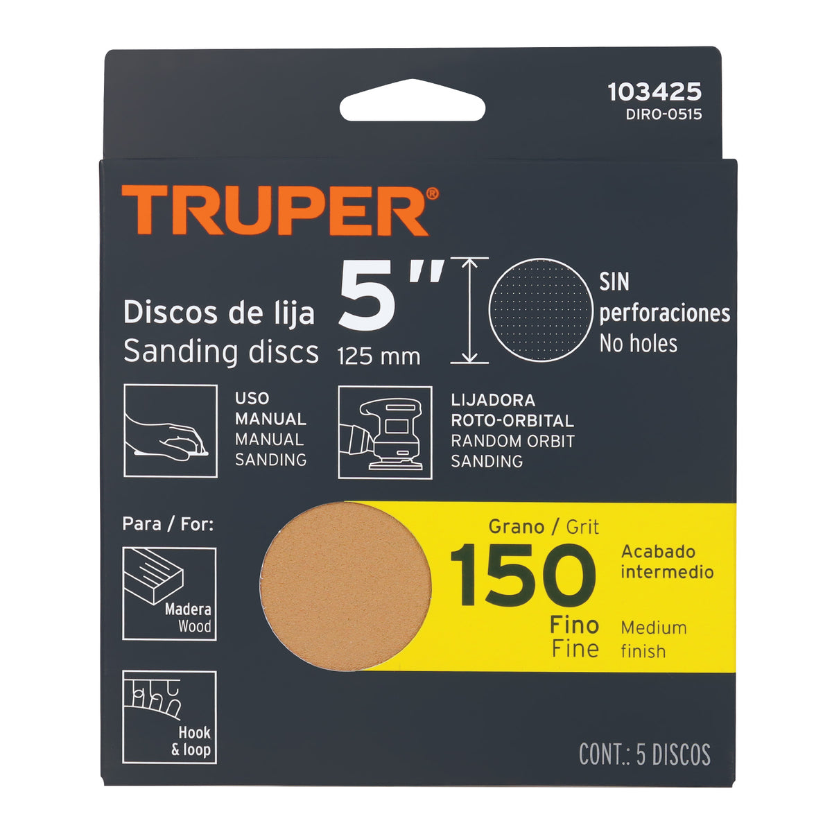 Paquete con 5 discos de lija 5' grano 150, ciegos, TRUPER — foto oficial 2