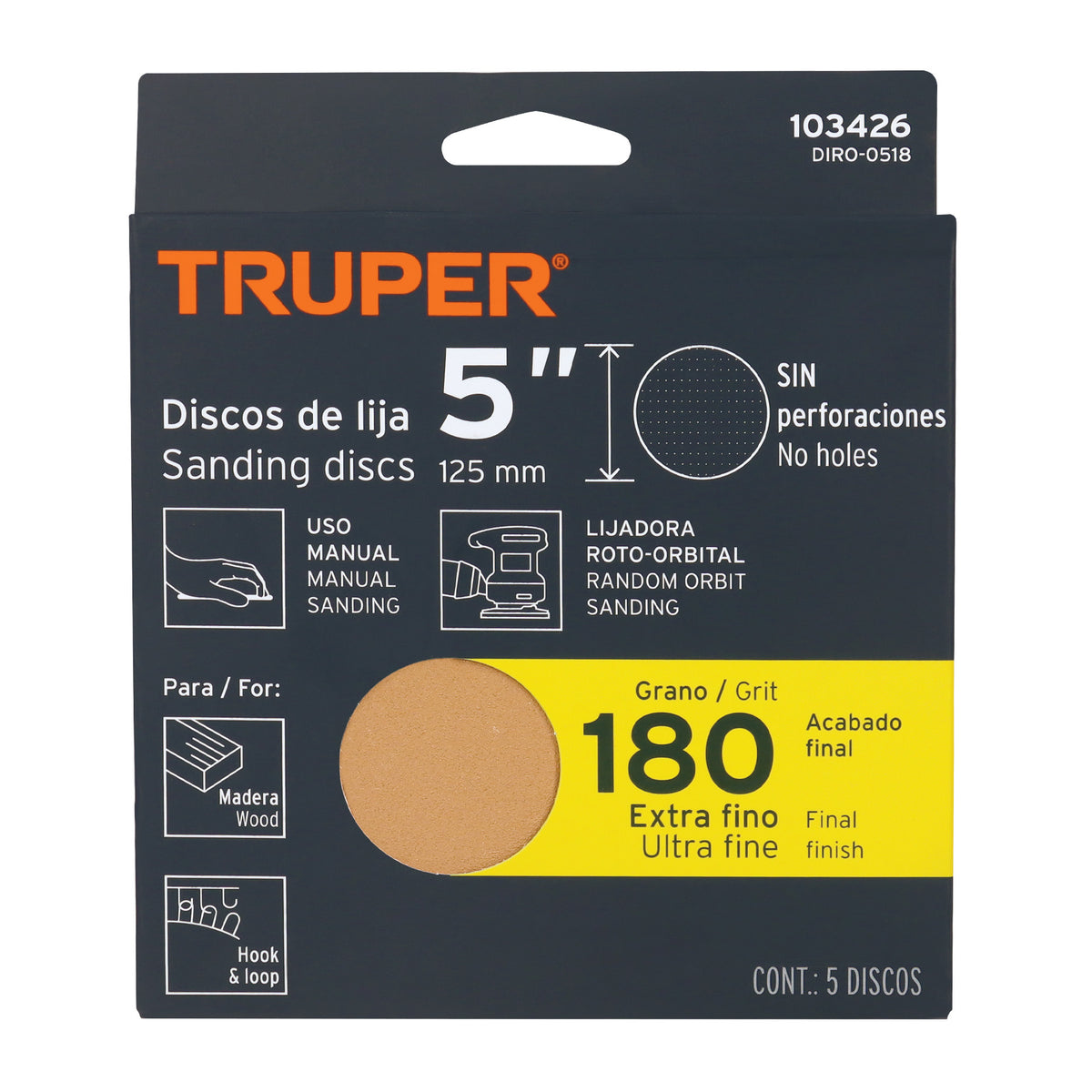 Paquete con 5 discos de lija 5' grano 180, ciegos, TRUPER — foto oficial 2