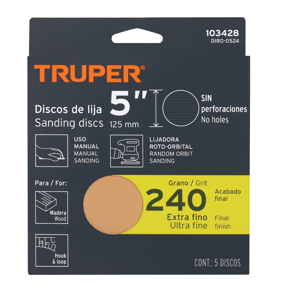 Paquete con 5 discos de lija 5' grano 240, ciegos, TRUPER — foto oficial 2