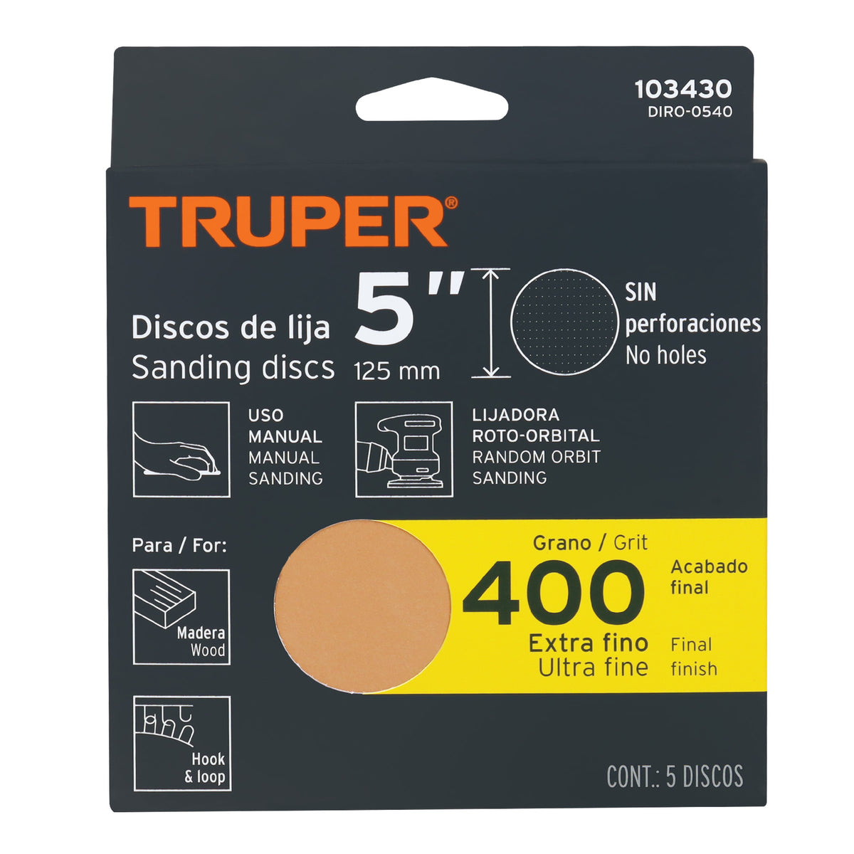Paquete con 5 discos de lija 5' grano 400, ciegos, TRUPER — foto oficial 2
