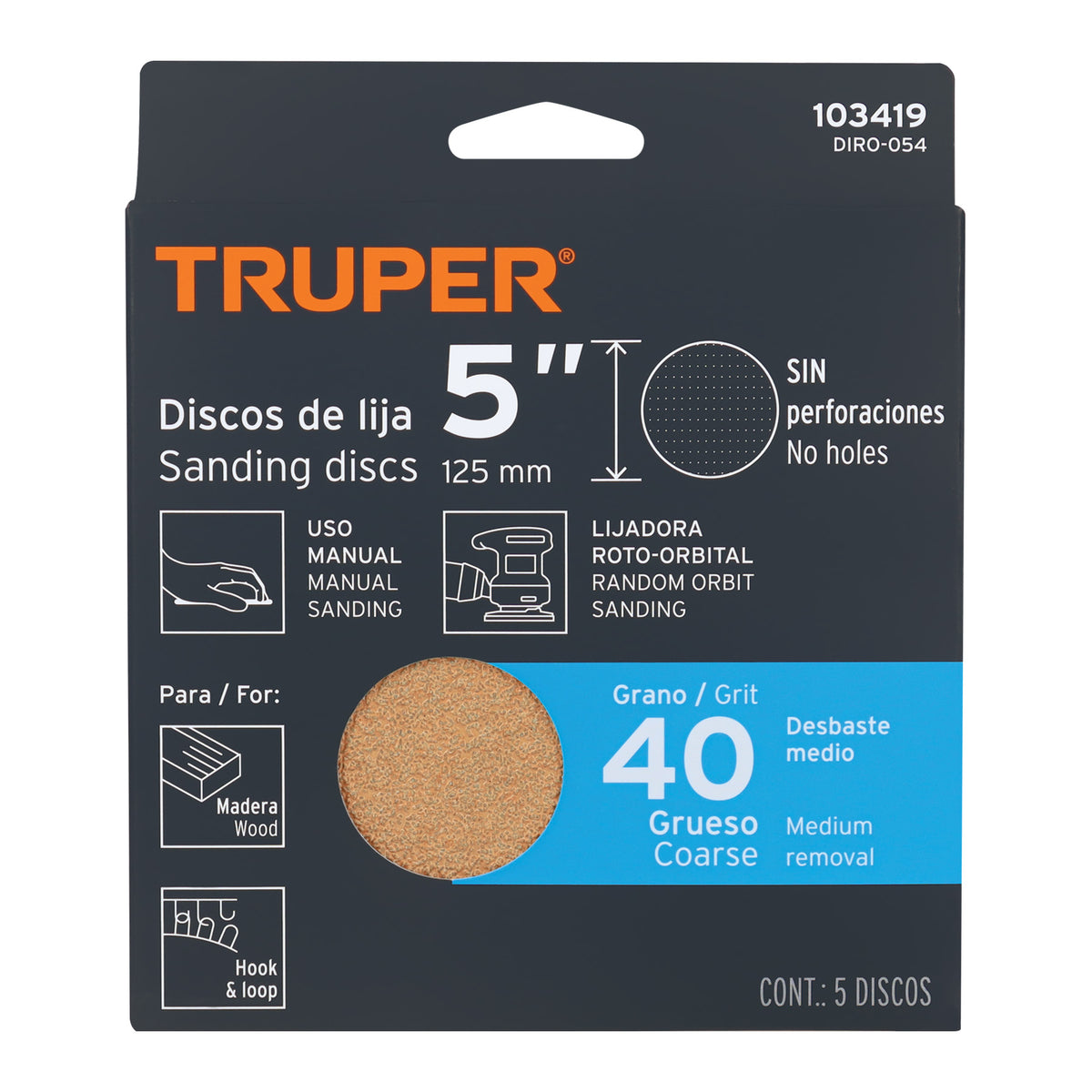 Paquete con 5 discos de lija 5' grano 40, ciegos, TRUPER — foto oficial 2