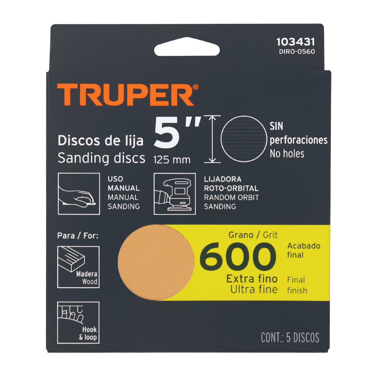 Paquete con 5 discos de lija 5' grano 600, ciegos, TRUPER — foto oficial 2
