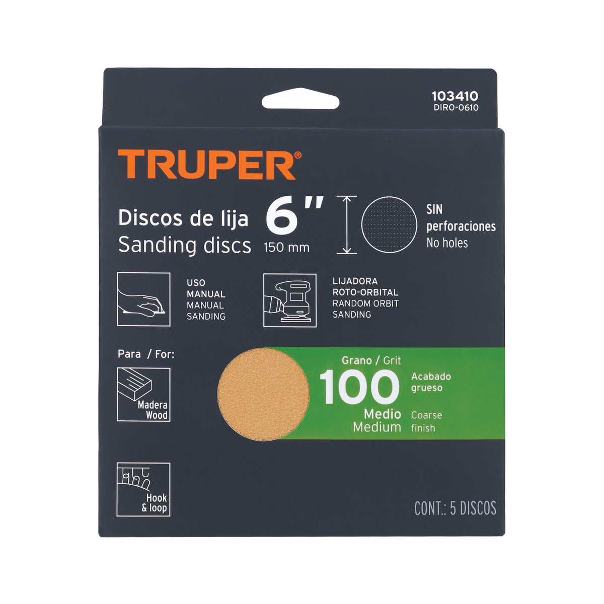 Paquete con 5 discos de lija 6' grano 100, ciegos, TRUPER, Truper, SKU 103410 — vista 2