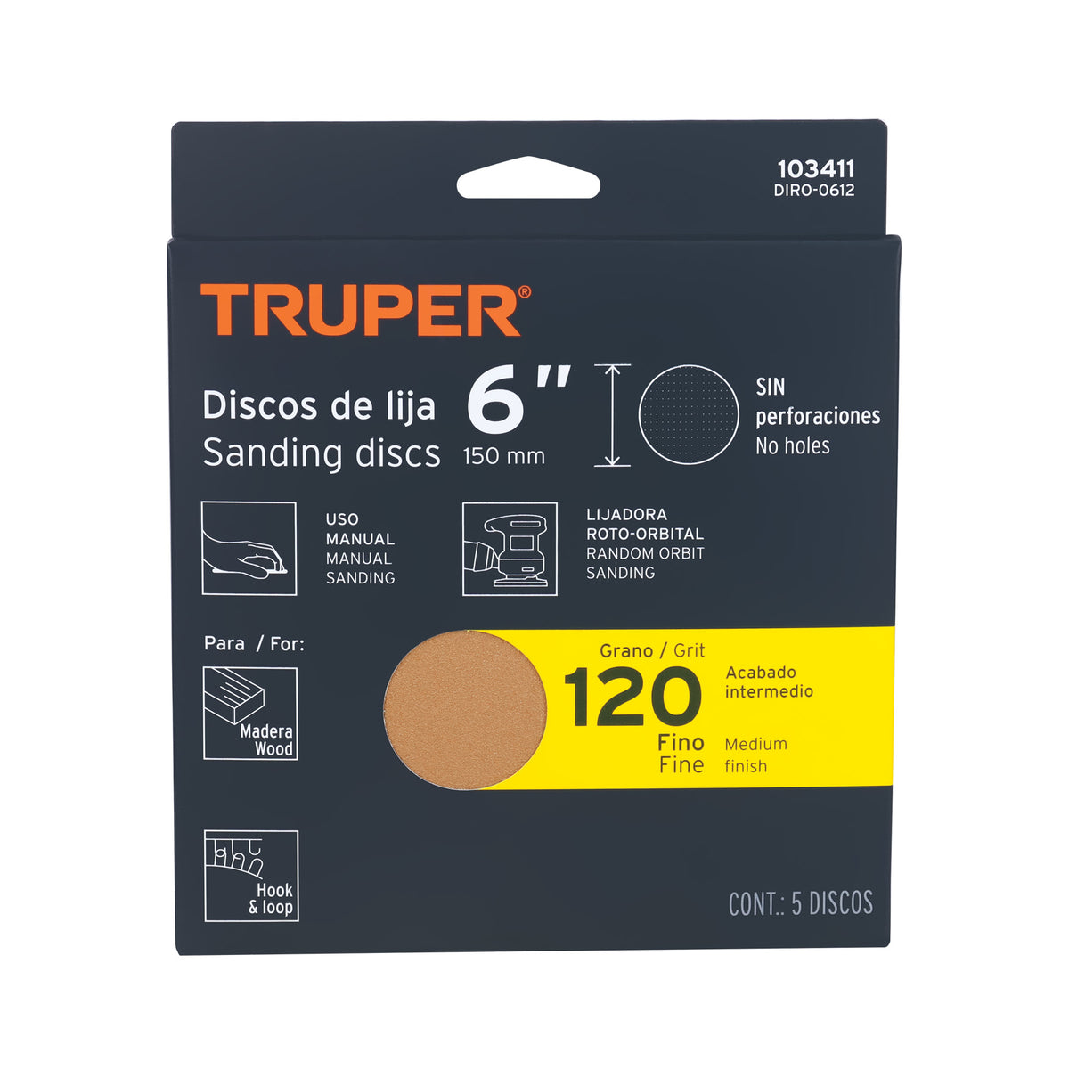 Paquete con 5 discos de lija 6' grano 120, ciegos, TRUPER, Truper, SKU 103411 — vista 2