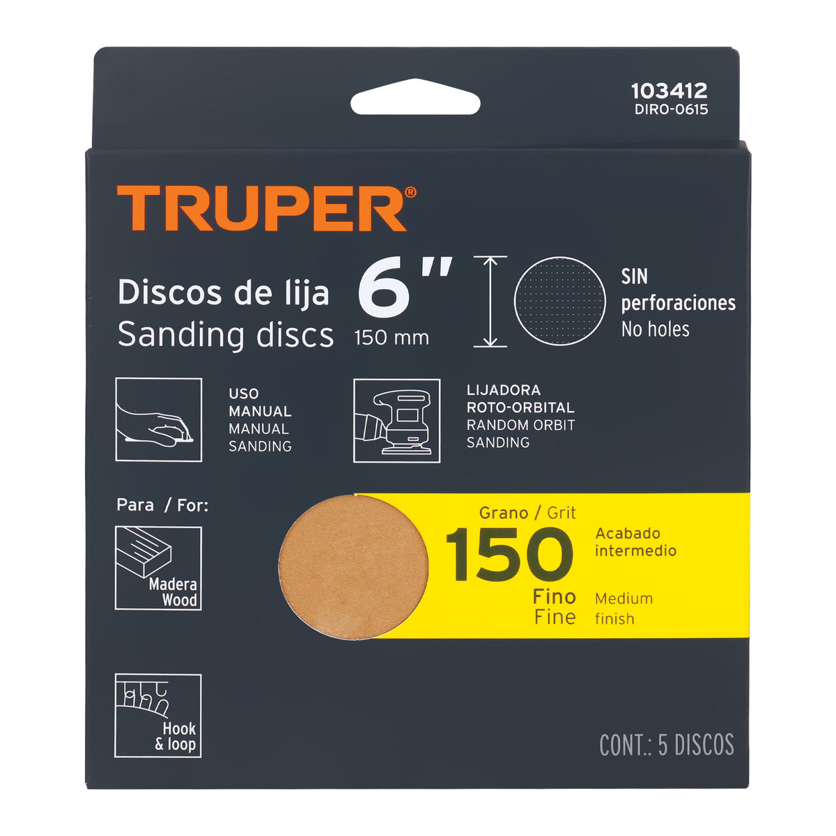 Paquete con 5 discos de lija 6' grano 150, ciegos, TRUPER, Truper, SKU 103412 — vista 2