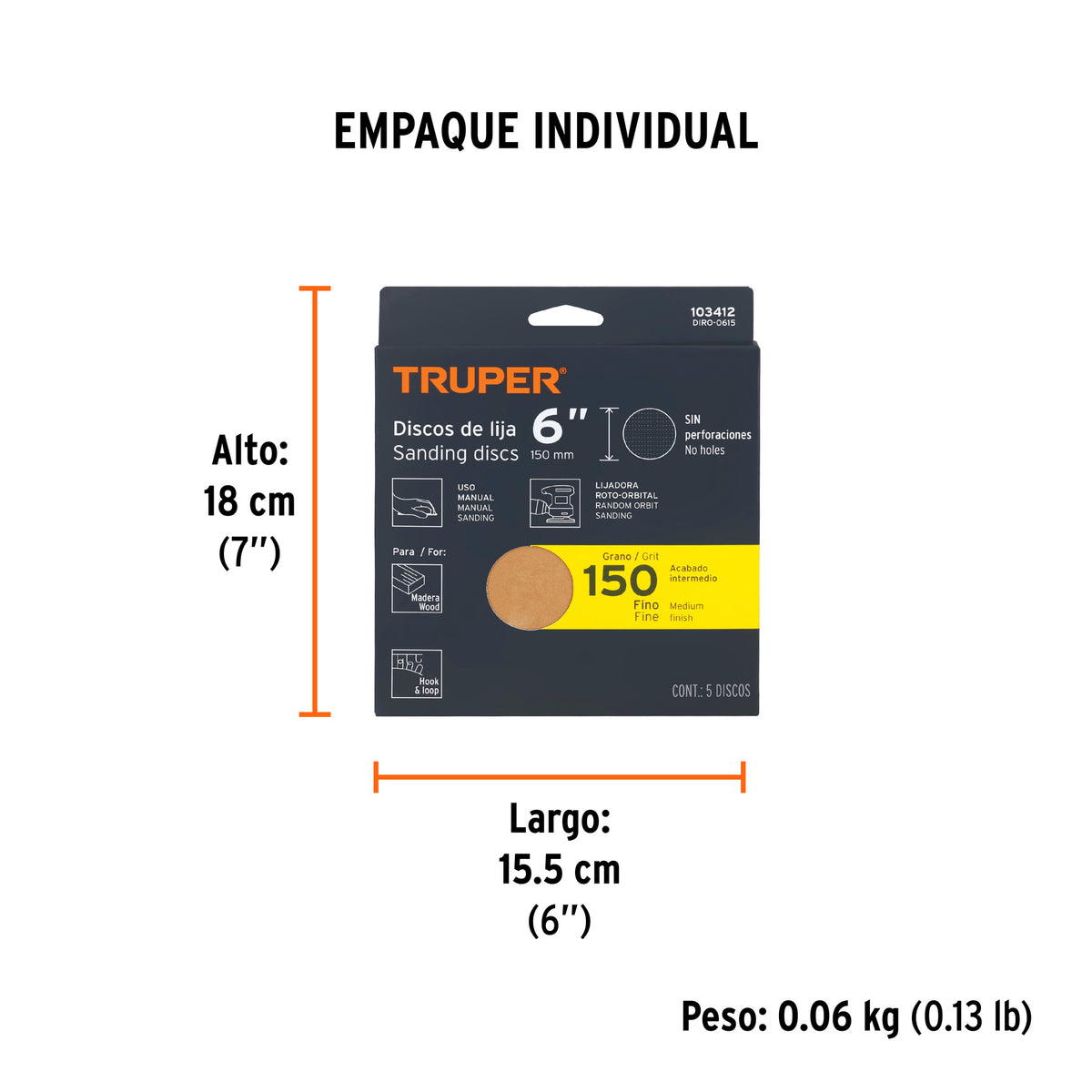 Paquete con 5 discos de lija 6' grano 150, ciegos, TRUPER, Truper, SKU 103412 — vista 5