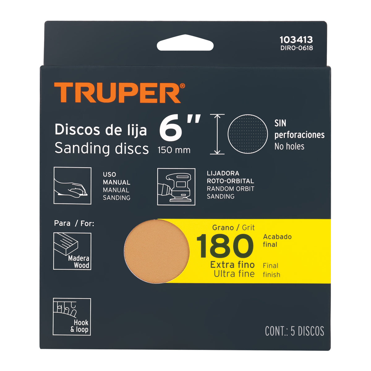 Paquete con 5 discos de lija 6' grano 180, ciegos, TRUPER, Truper, SKU 103413 — vista 2