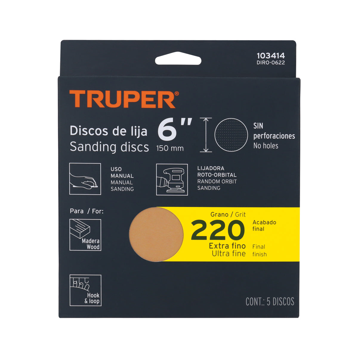 Paquete con 5 discos de lija 6' grano 220, ciegos, TRUPER, Truper, SKU 103414 — vista 2