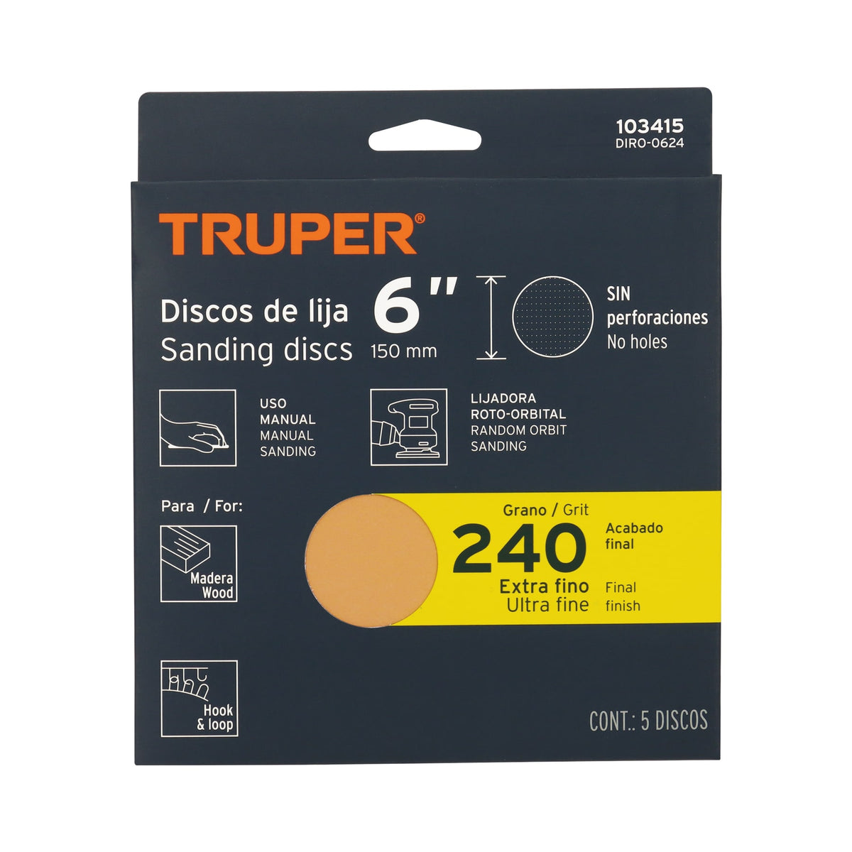 Paquete con 5 discos de lija 6' grano 240, ciegos, TRUPER, Truper, SKU 103415 — vista 2