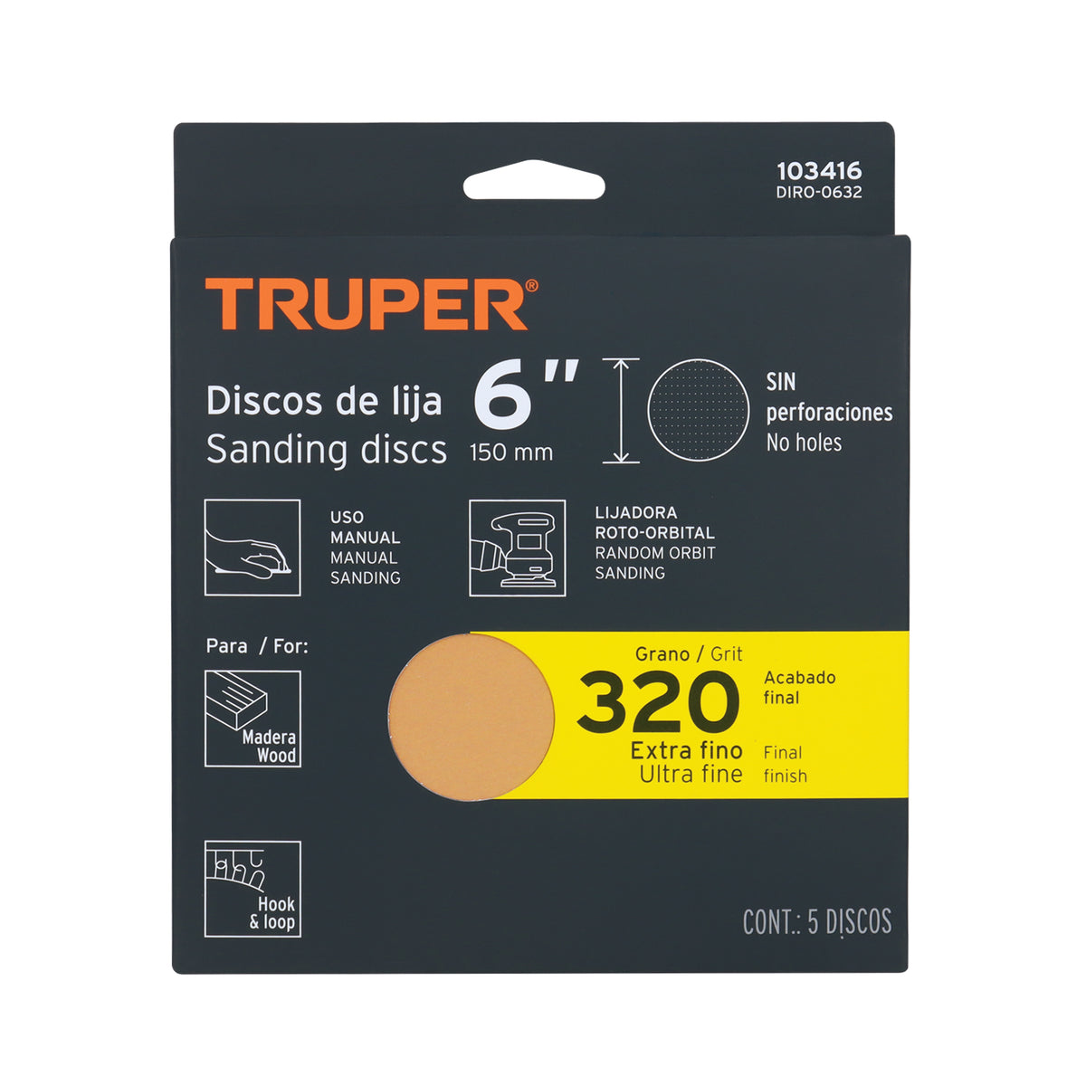 Paquete con 5 discos de lija 6' grano 320, ciegos, TRUPER, Truper, SKU 103416 — vista 2