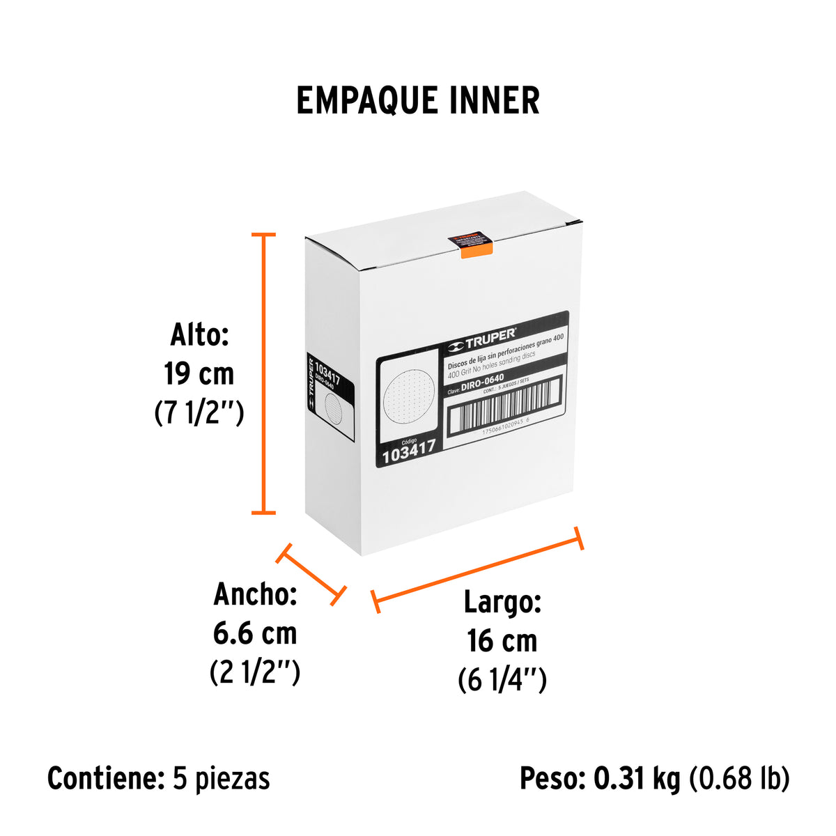 Paquete con 5 discos de lija 6' grano 400, ciegos, TRUPER, Truper, SKU 103417 — vista 6