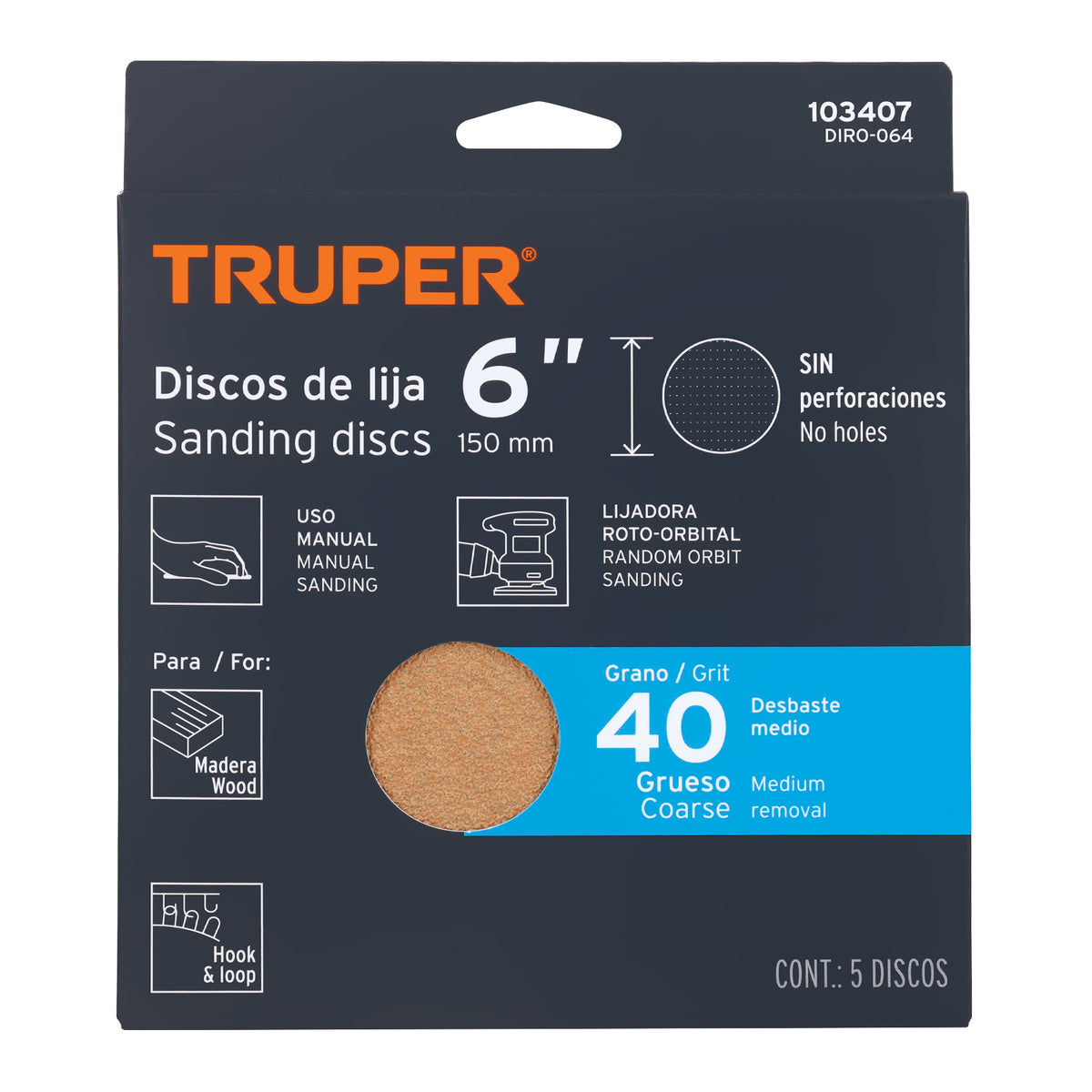 Paquete con 5 discos de lija 6' grano 40, ciegos, TRUPER, Truper, SKU 103407 — vista 2