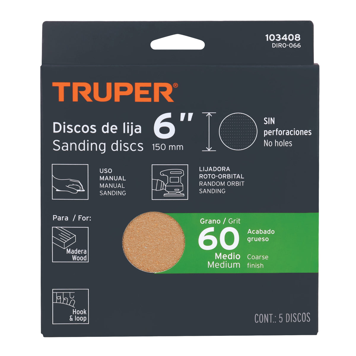 Paquete con 5 discos de lija 6' grano 60, ciegos, TRUPER, Truper, SKU 103408 — vista 2