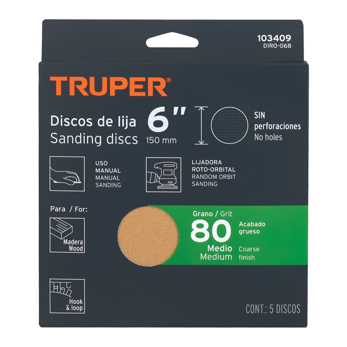 Paquete con 5 discos de lija 6' grano 80, ciegos, TRUPER, Truper, SKU 103409 — vista 2