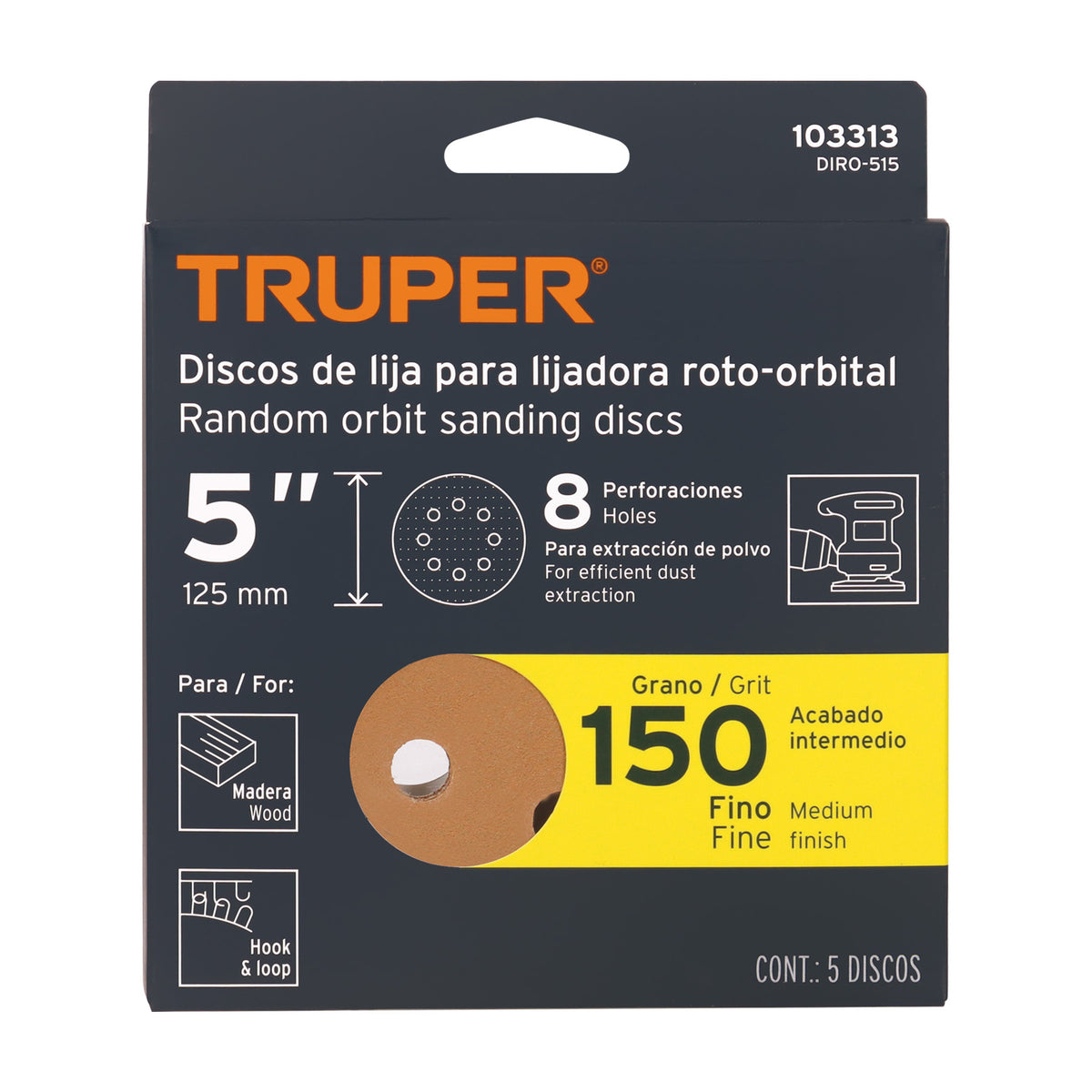 Paquete con 5 discos de lija 5' grano 150, 8 perforaciones — foto oficial 2