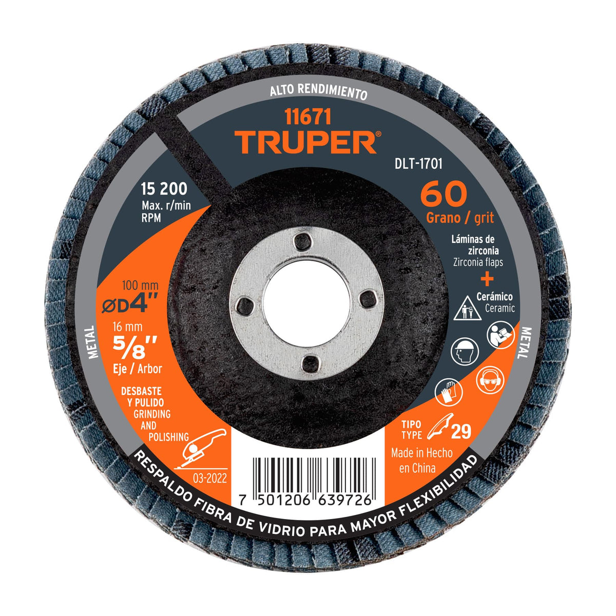 Disco laminado 4' grano 60 centro 5/8' fibra TRUPER — foto oficial 1