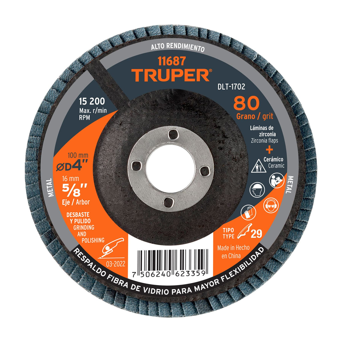 Disco laminado 4' grano 80 centro 5/8' fibra TRUPER — foto oficial 1