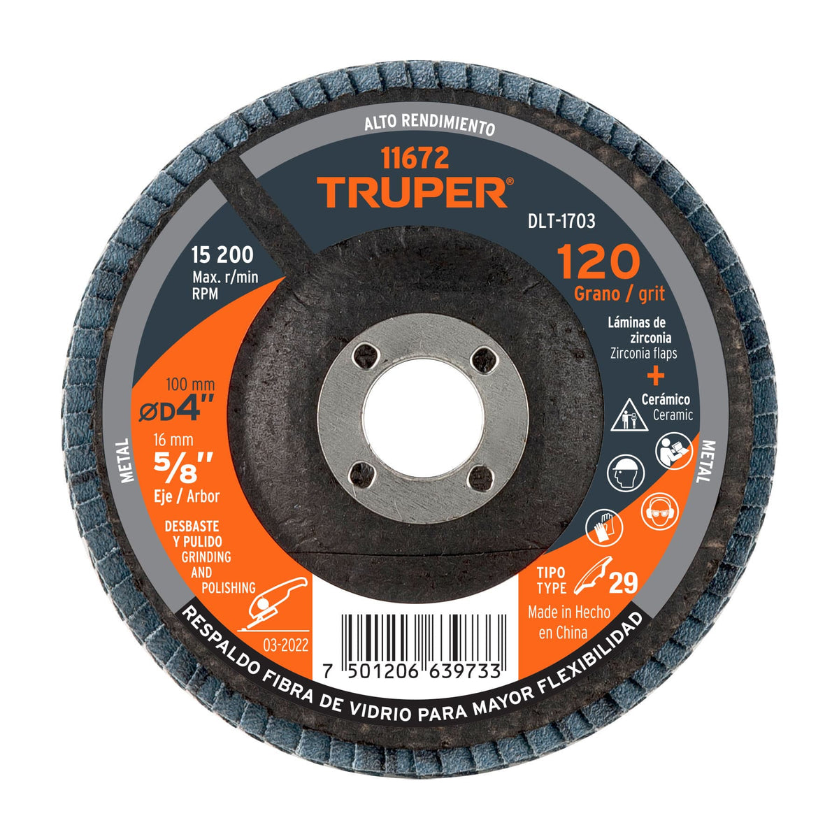 Disco laminado 4' grano 120 centro 5/8' fibra TRUPER — foto oficial 1