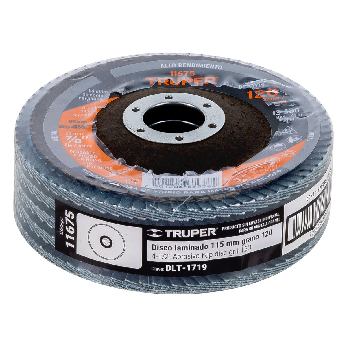 Disco laminado 4-1/2' grano 120 centro 7/8' fibra TRUPER — foto oficial 2