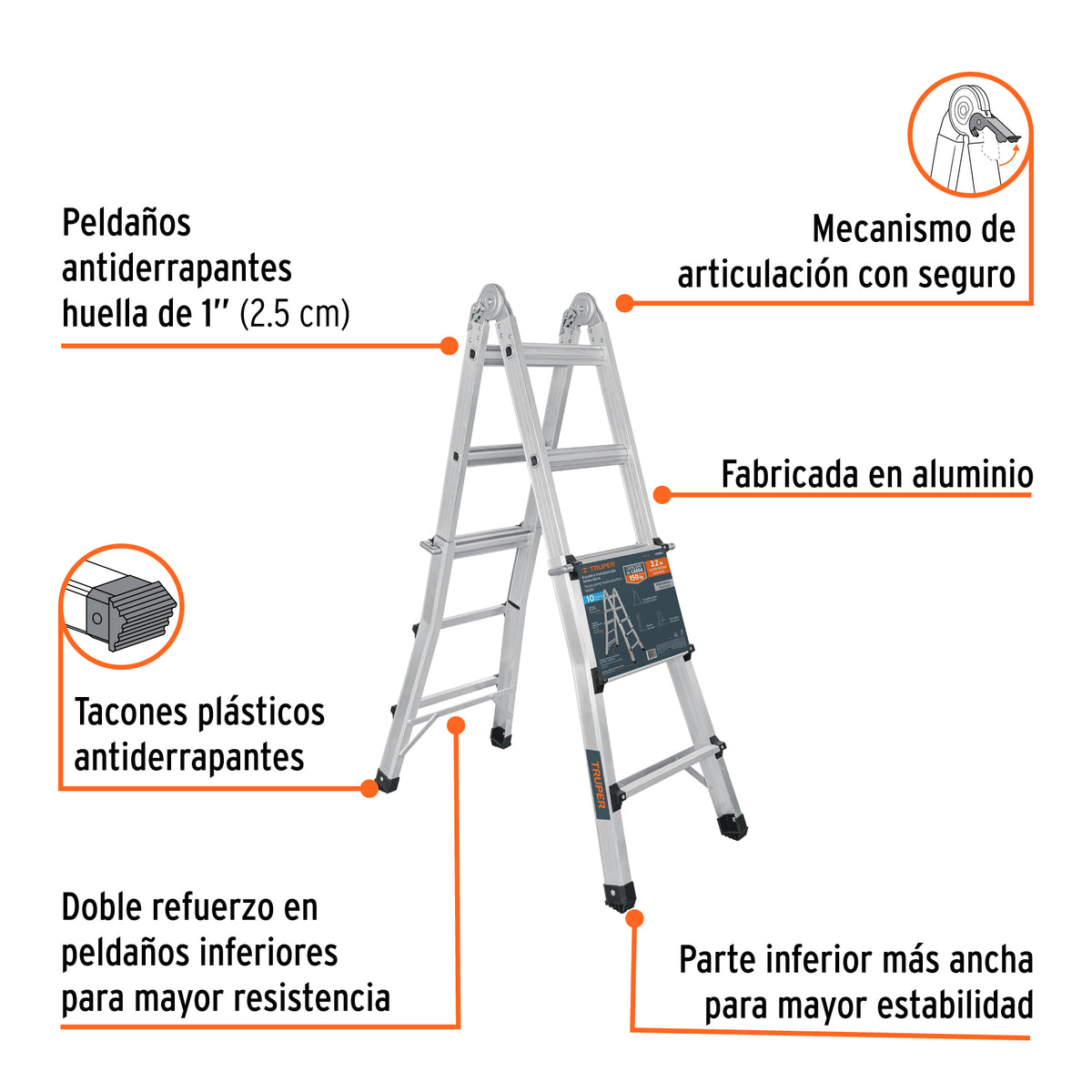Multiescalera telescópica, 3.2 m, capacidad de carga 150 kg, Truper, SKU 101883 — vista 3