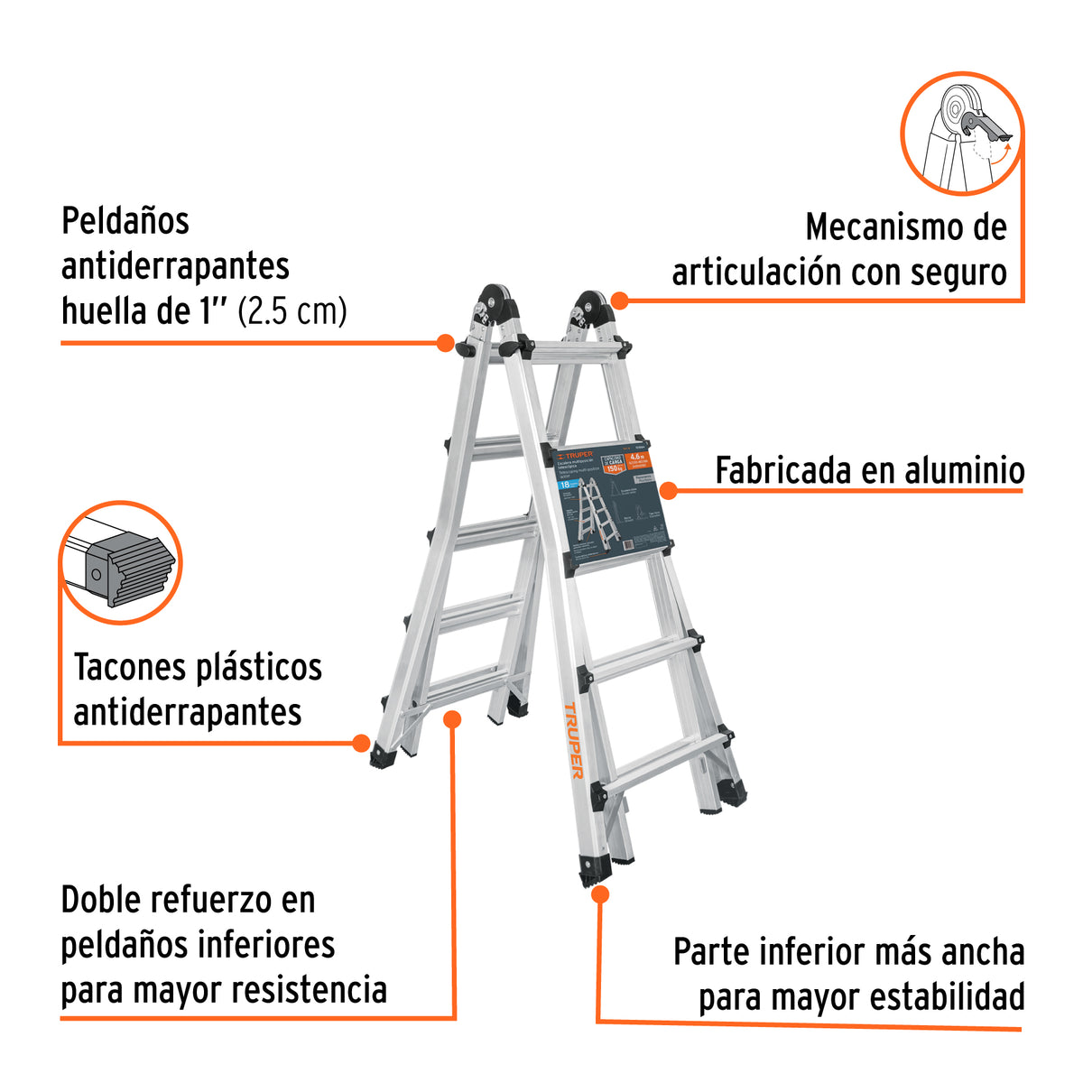 Multiescalera telescópica, 4.5 m, capacidad de carga 150 kg, Truper, SKU 101884 — vista 3