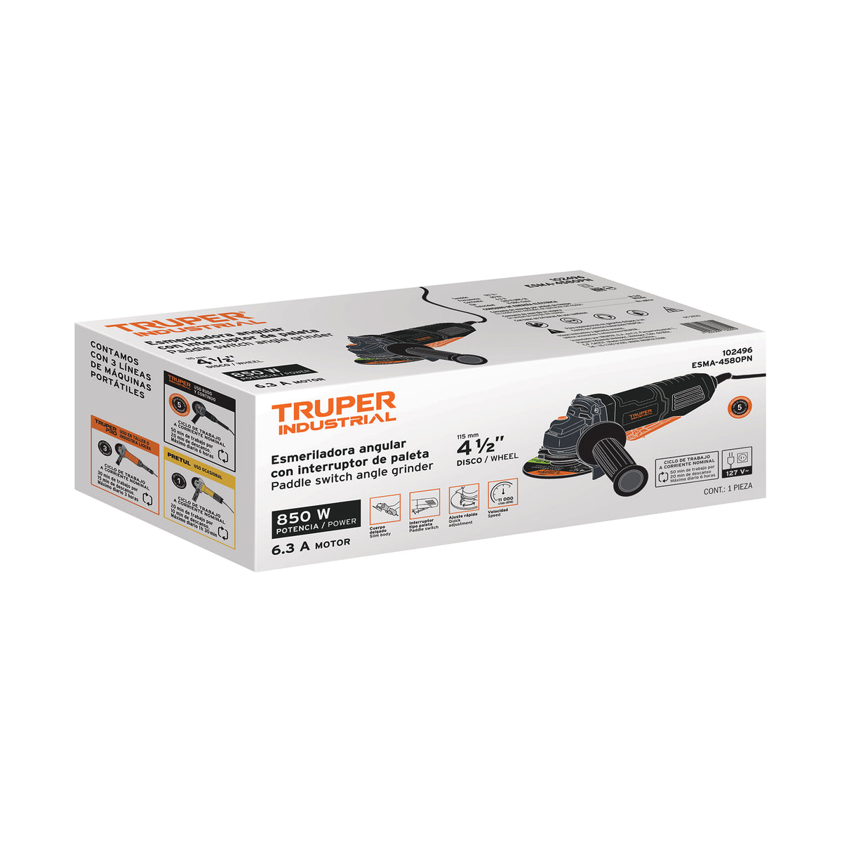 Esmeriladora 4-1/2', 850 W, int. paleta, TRUPER INDUSTRIAL, Truper, SKU 102496 — vista 2
