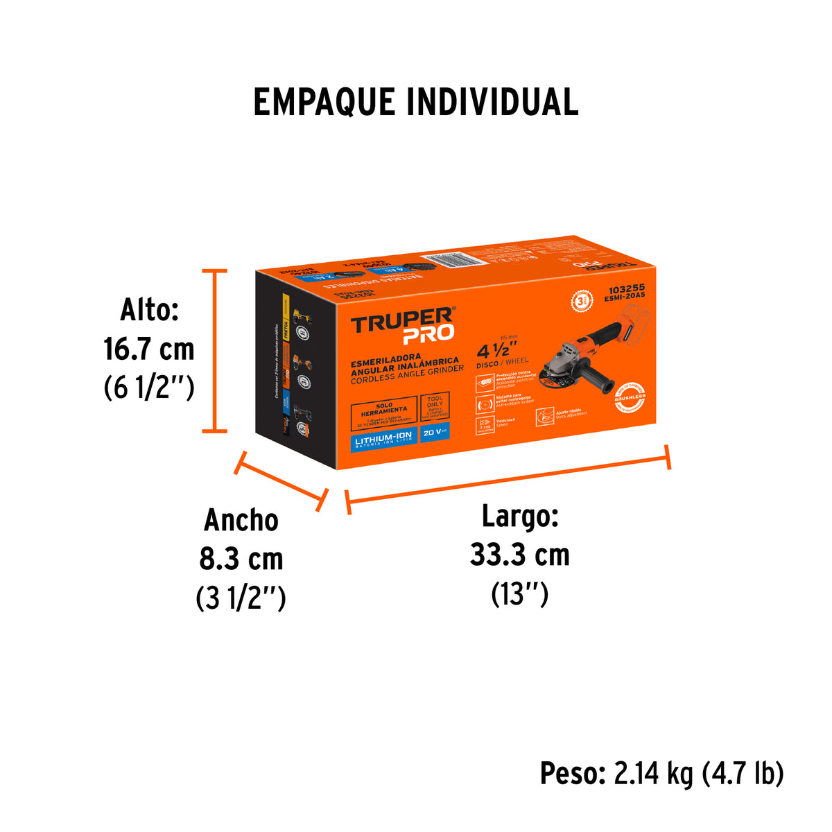 Esmeriladora 4-1/2', 20V, sin accesorios, TRUPER PRO, Truper, SKU 103255 — vista 5