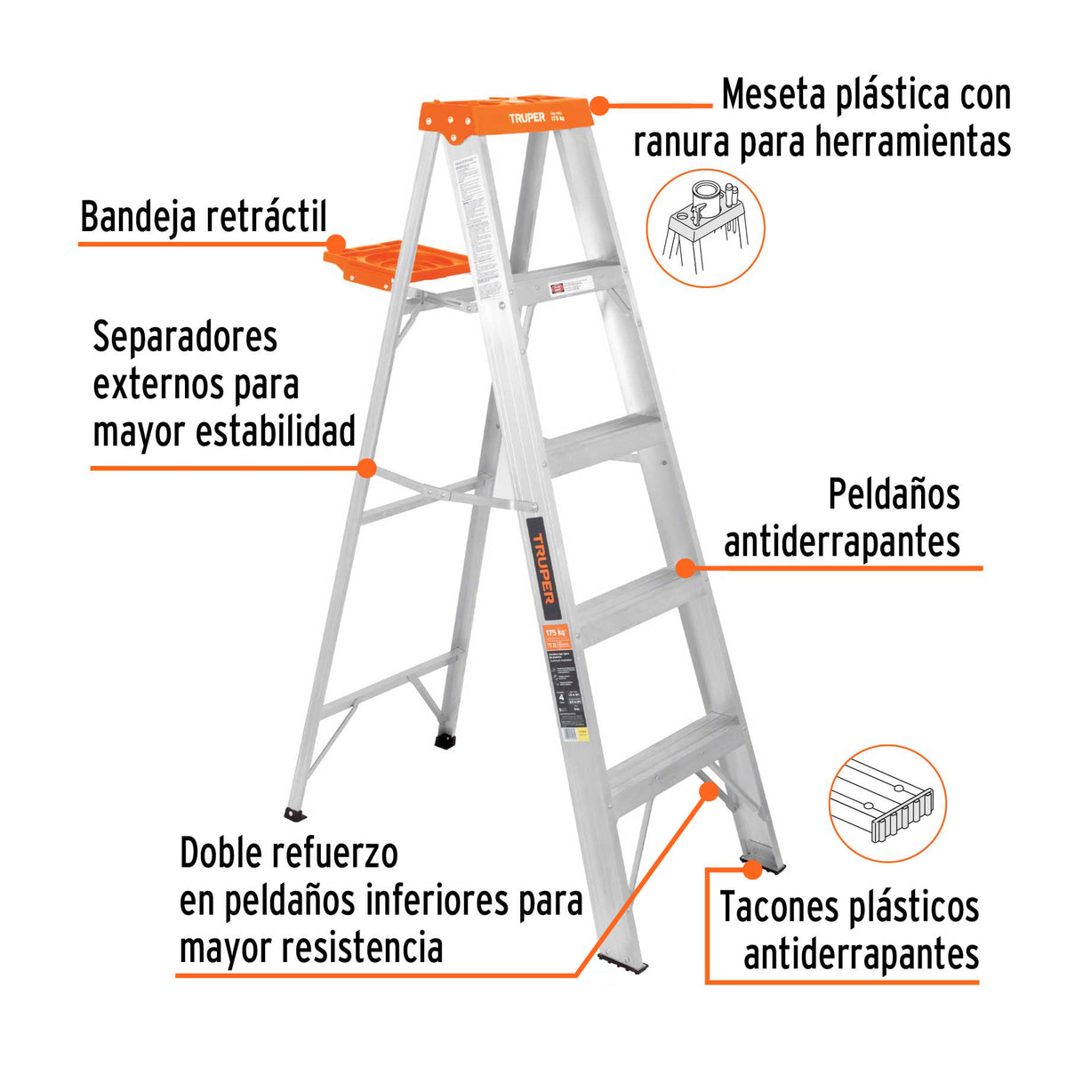 Escalera de tijera tipo ll 4 peldaños y bandeja, TRUPER, Truper, SKU 10264 — vista 3