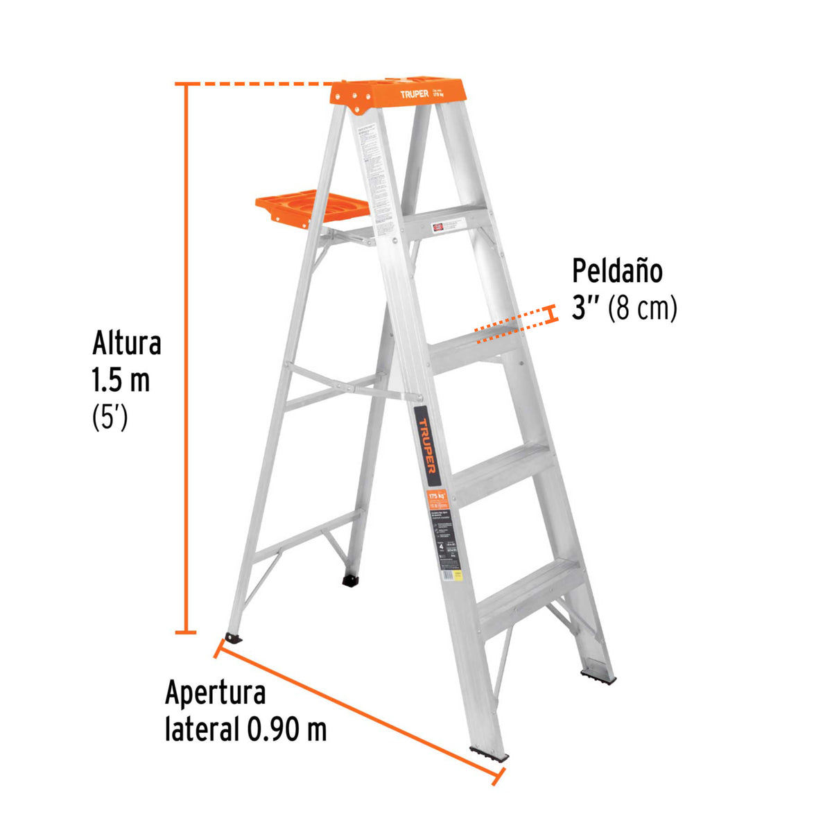 Escalera de tijera tipo ll 4 peldaños y bandeja, TRUPER, Truper, SKU 10264 — vista 4
