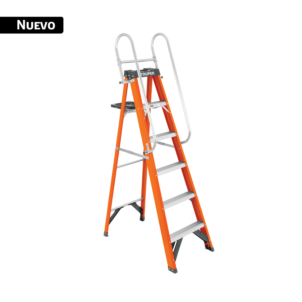 Escalera de tijera con barandal, 5 peldaños, fibra de vidrio — foto oficial 1