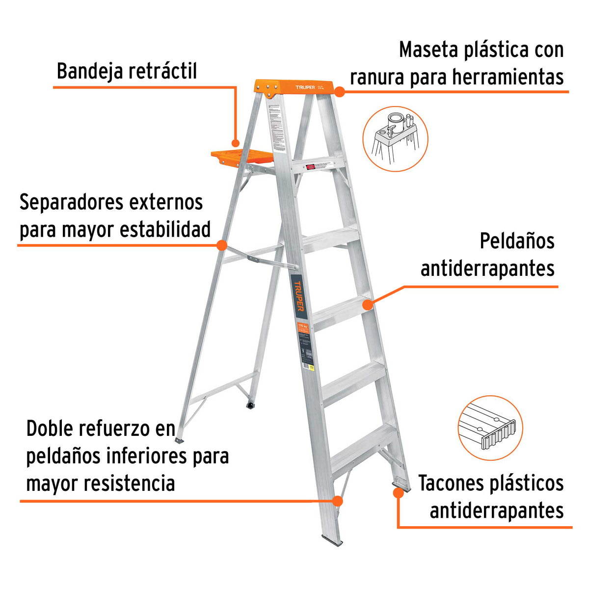 Escalera de tijera tipo ll 5 peldaños y bandeja, TRUPER, Truper, SKU 10335 — vista 3