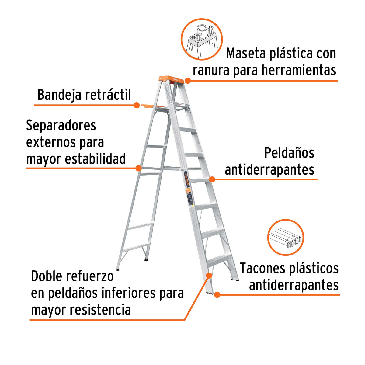 Escalera de tijera tipo II 7 peldaños y bandeja, TRUPER, Truper, SKU 10337 — vista 3