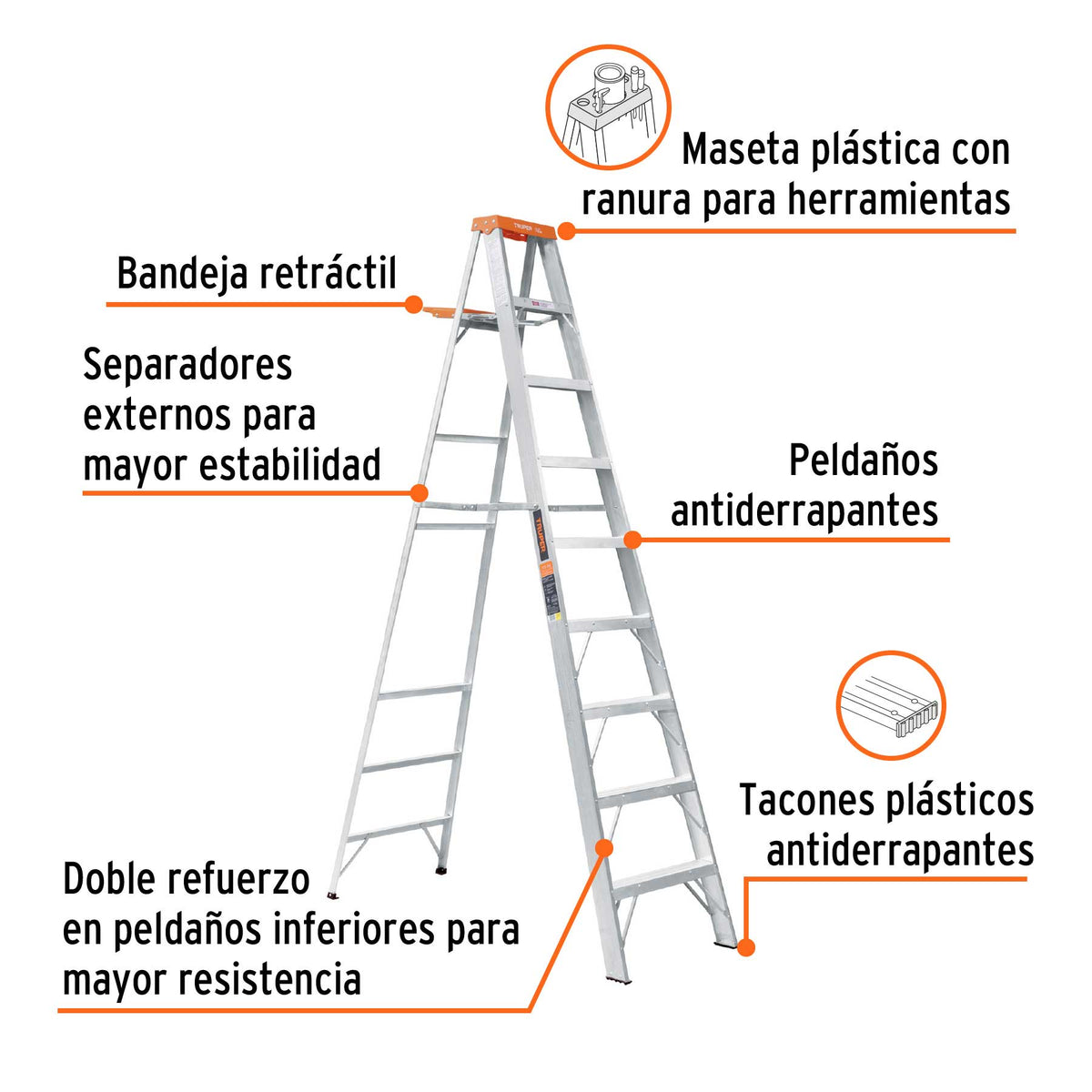 Escalera de tijera tipo ll 8 peldaños y bandeja, TRUPER, Truper, SKU 10338 — vista 3