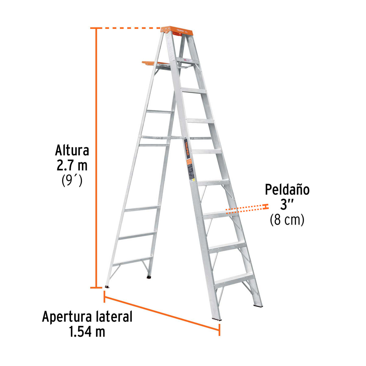Escalera de tijera tipo ll 8 peldaños y bandeja, TRUPER, Truper, SKU 10338 — vista 4