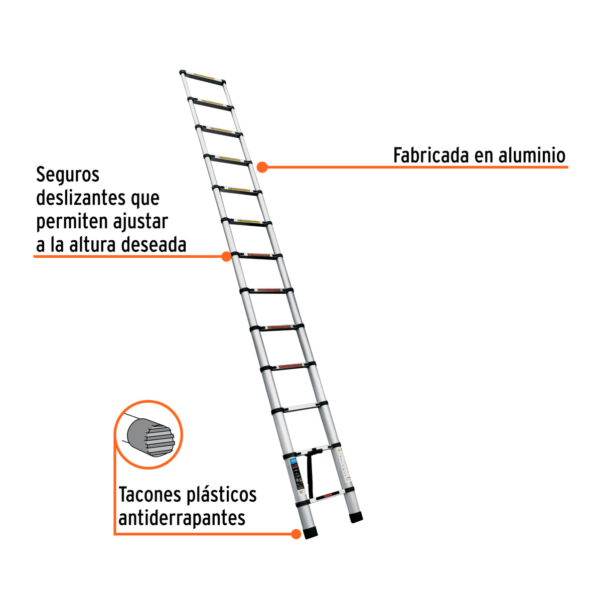 Escalera telescópica,13 peldaños, tipo II, capacidad 102kg, Truper, SKU 101904 — vista 3