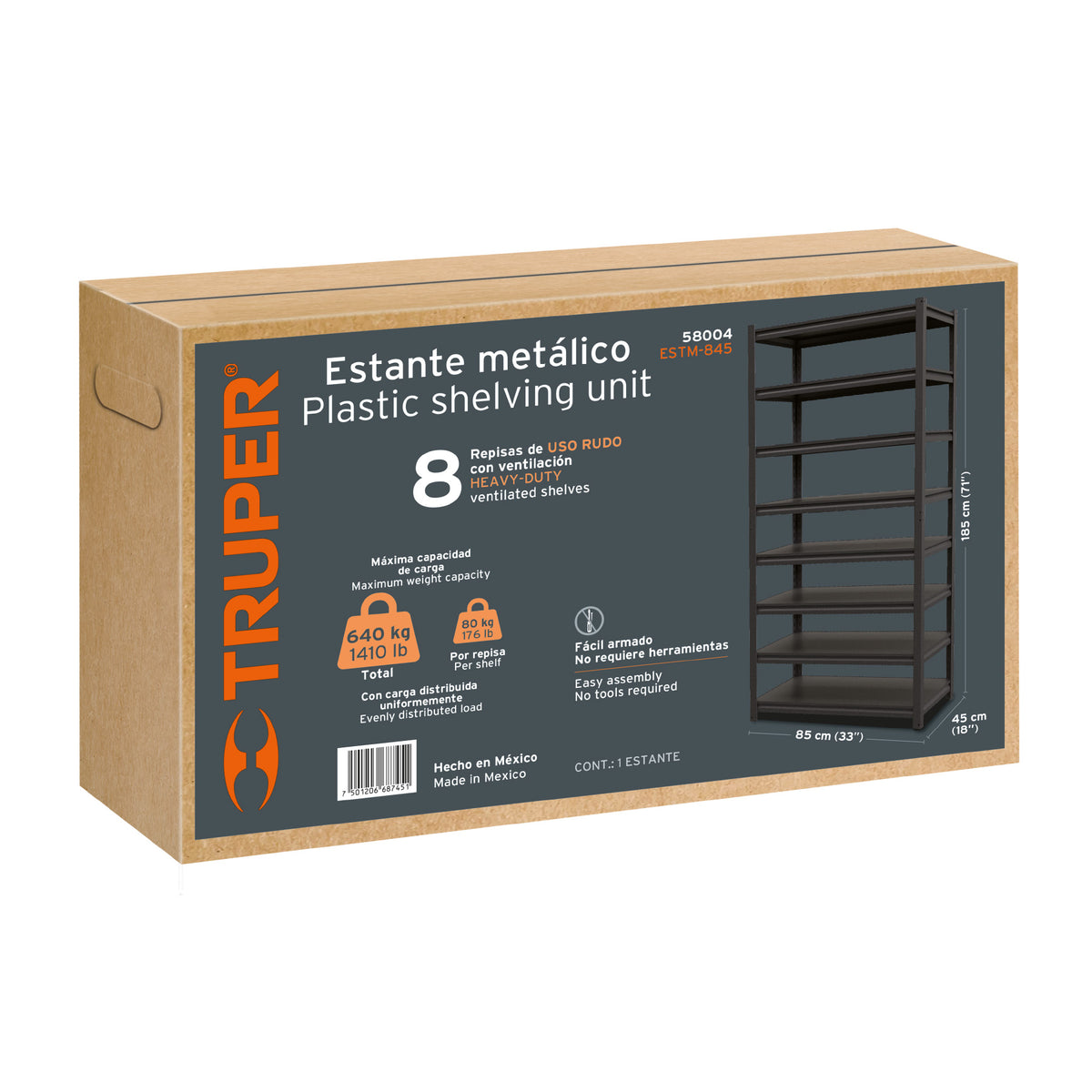 Estante metálico 8 repisas capacidad 80kg 85x45x180 TRUPER — foto oficial 2