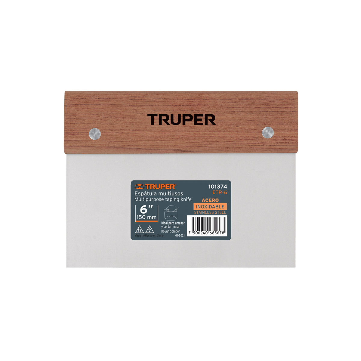 Espátula rectangular 6' x 3' acero inoxidable, mango madera — foto oficial 1