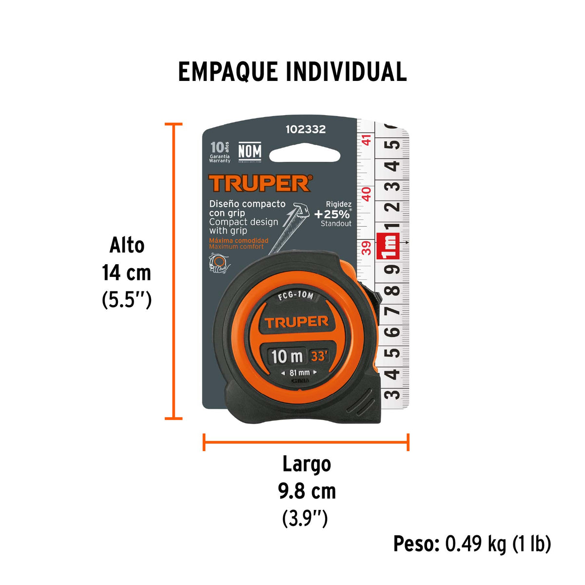Flexómetro compacto contra impactos 10 m cinta 25 mm, TRUPER, Truper, SKU 102332 — vista 5