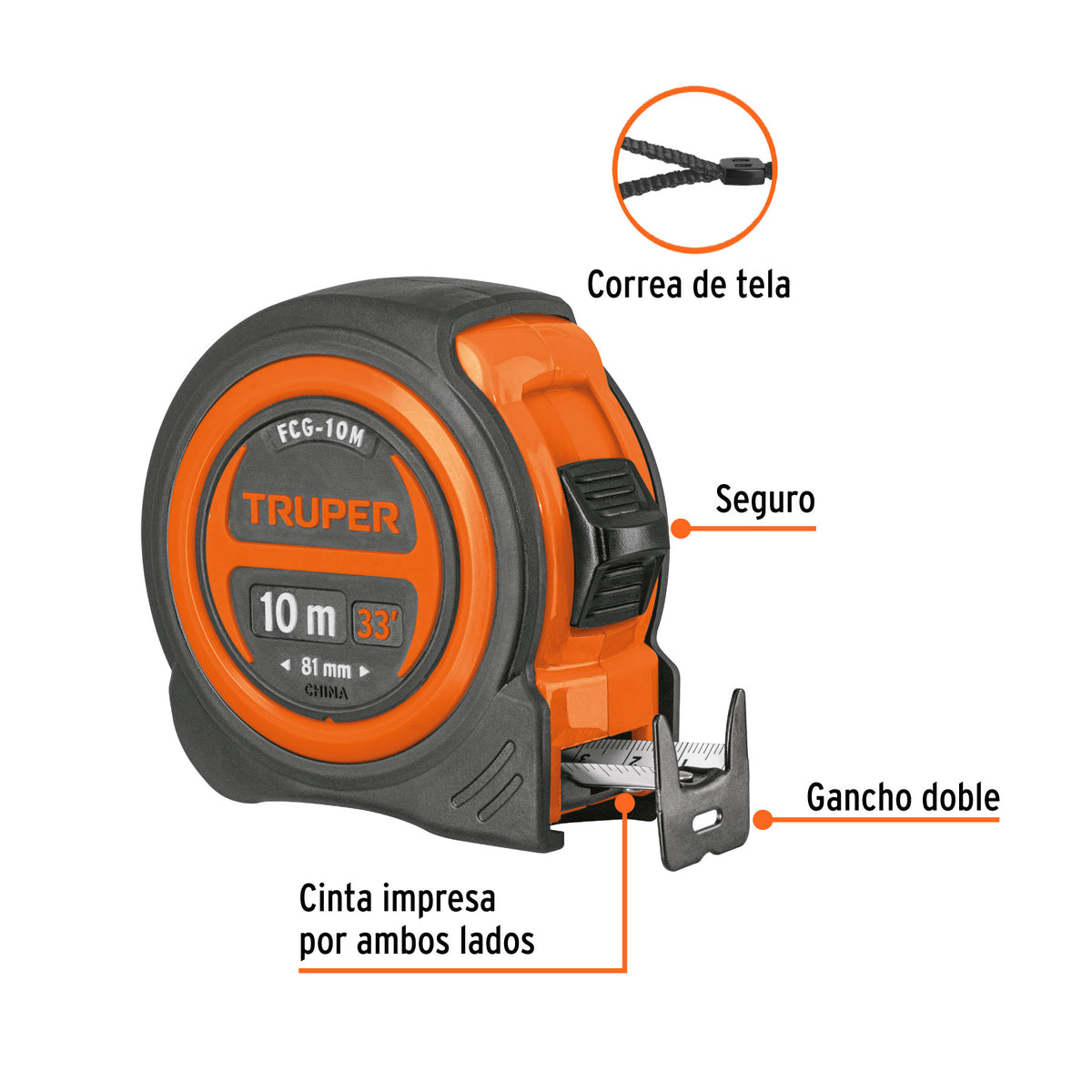 Flexómetro compacto contra impactos 10 m cinta 25 mm, TRUPER, Truper, SKU 102332 — vista 3