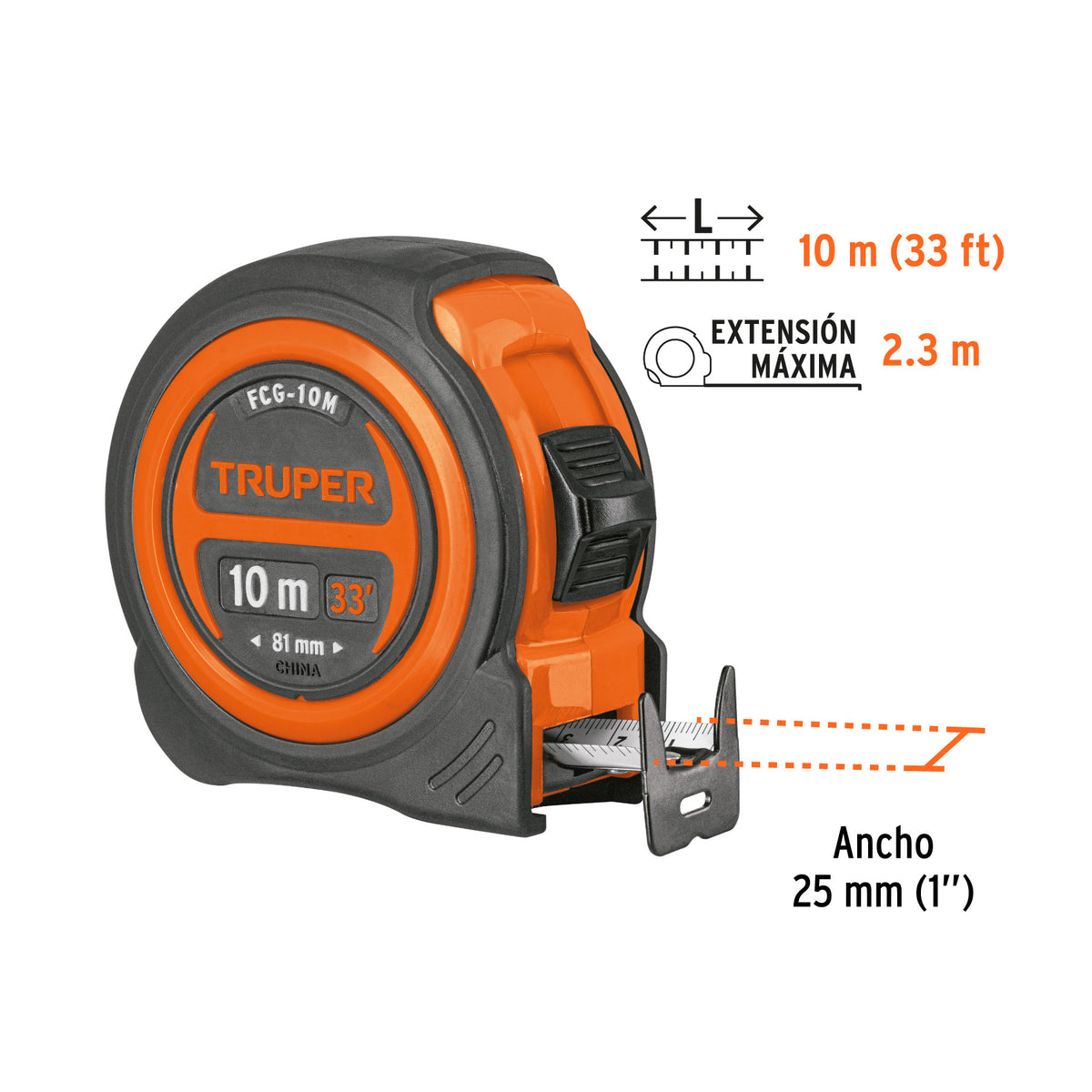Flexómetro compacto contra impactos 10 m cinta 25 mm, TRUPER, Truper, SKU 102332 — vista 4