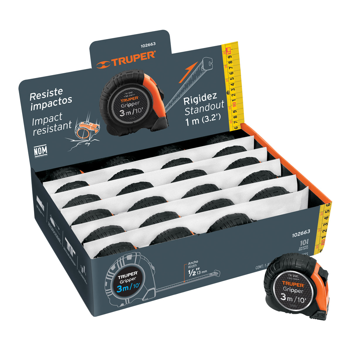 Flexómetro Gripper 3 m cinta 13 mm display box con 24 piezas, Truper, SKU 102663