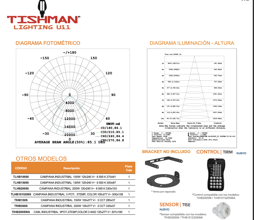 CAMPANA HIGHBAY TISHMAN 100-150-200W (SELECCIONABLE) CON TONO DE LUZ SELECCIONABLE CCT 27000LM 5 AÑOS GARANTIA 100- 277V 40K 50K Y 65K SUPRESOR PICOS 6KVA