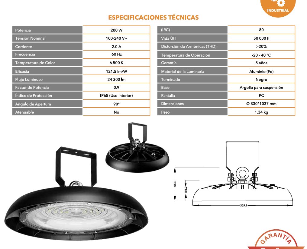 CAMPANA INDUSTRIAL UFO TISHMAN 200W 6500K 24300LM 100-240V TLHB20050