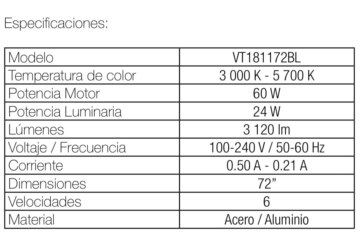 VENTILADOR INDUSTRIAL BLACK 72" NEGRO CON ILUMINACIÓN CCT MULTI TEMPERATURA BOOMER VT181172BL