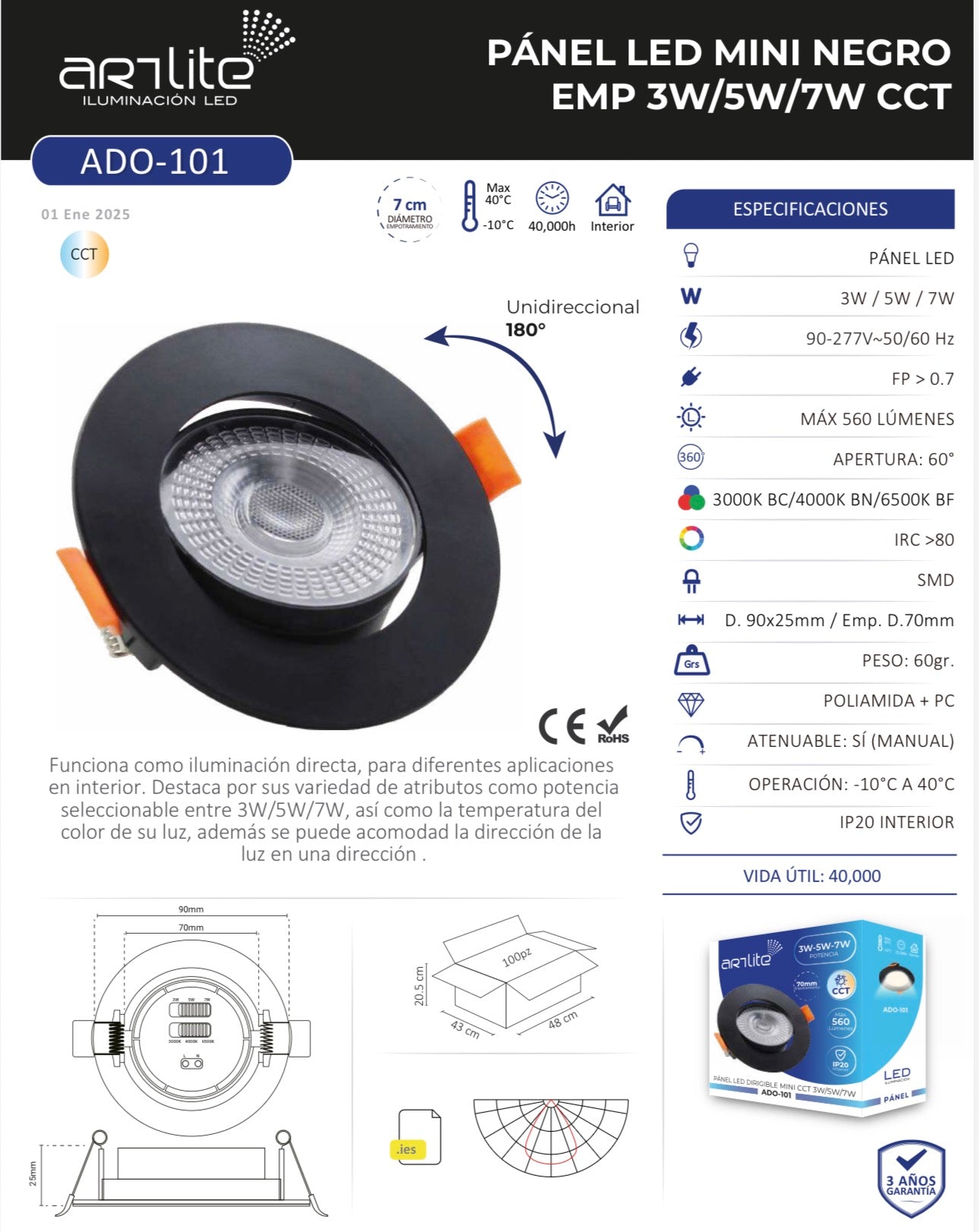 SPOT LED EMPOTRABLE DIRIGIBLE MINI REDONDO NEGRO 3W/5W/7W 5600LM CCT MULTI TEMPERATURA ARTLITE ADO-101