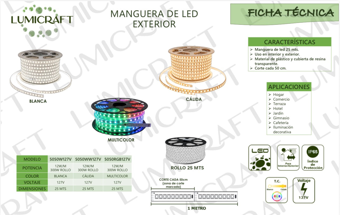 25MTS MANGUERA LED 5050 127V 12W 64K LUZ FRÍA LUMICRAFT 5050W127V/64-25MTS