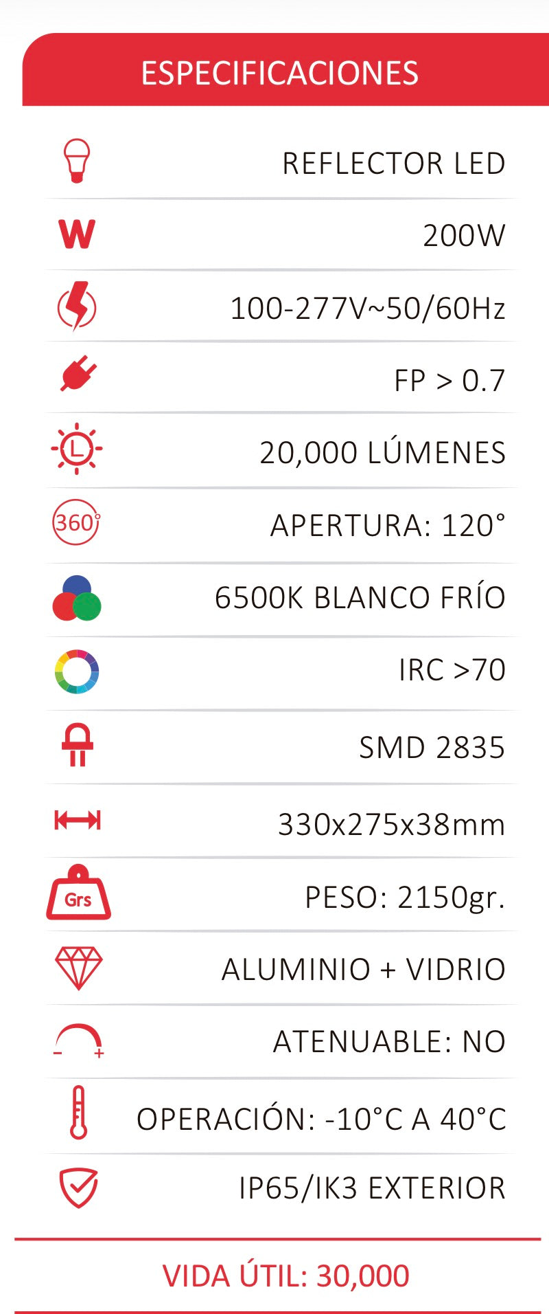 REFLECTOR LED 200W IP65 64K LUZ FRÍA WINLED WRE-016