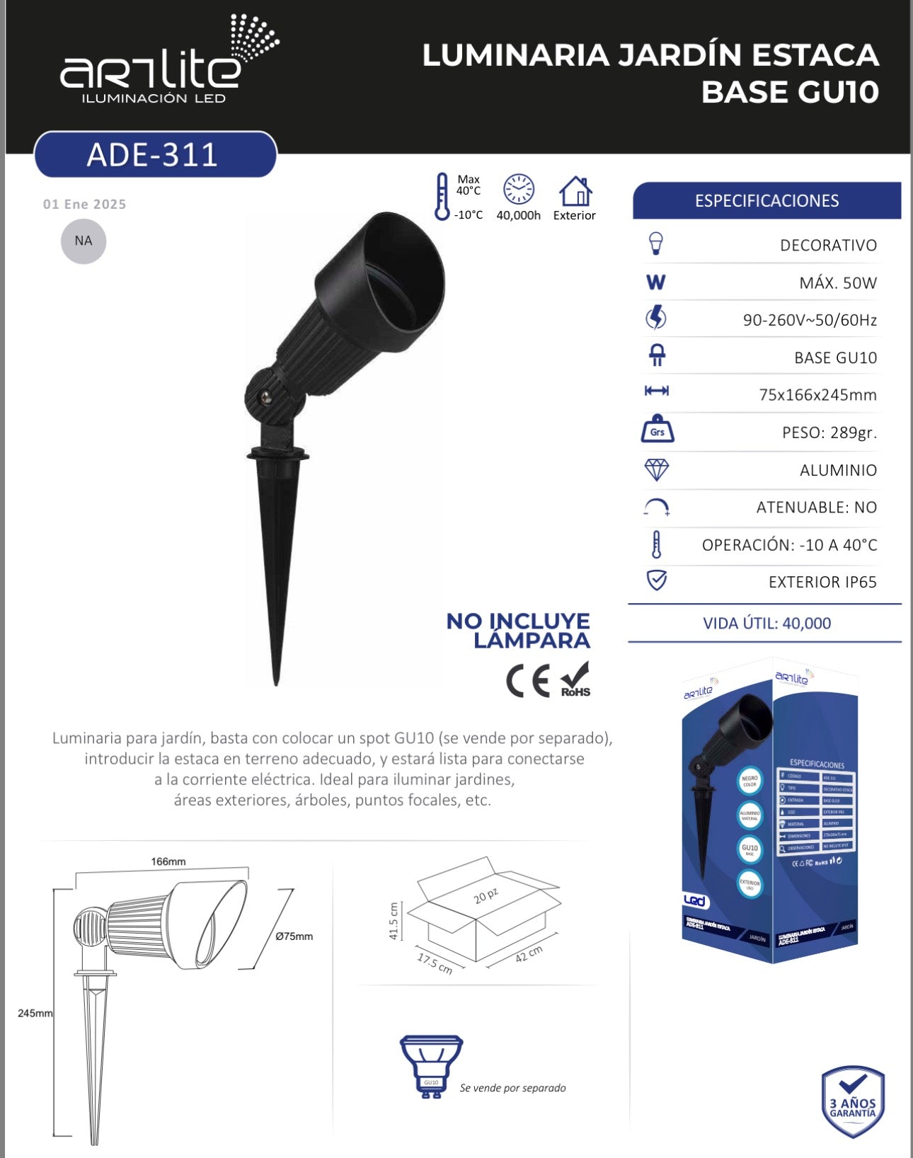 LÁMPARA ESTACA JARDÍN EXTERIOR GU10 IP65 NEGRO ARTLITE ADE-311