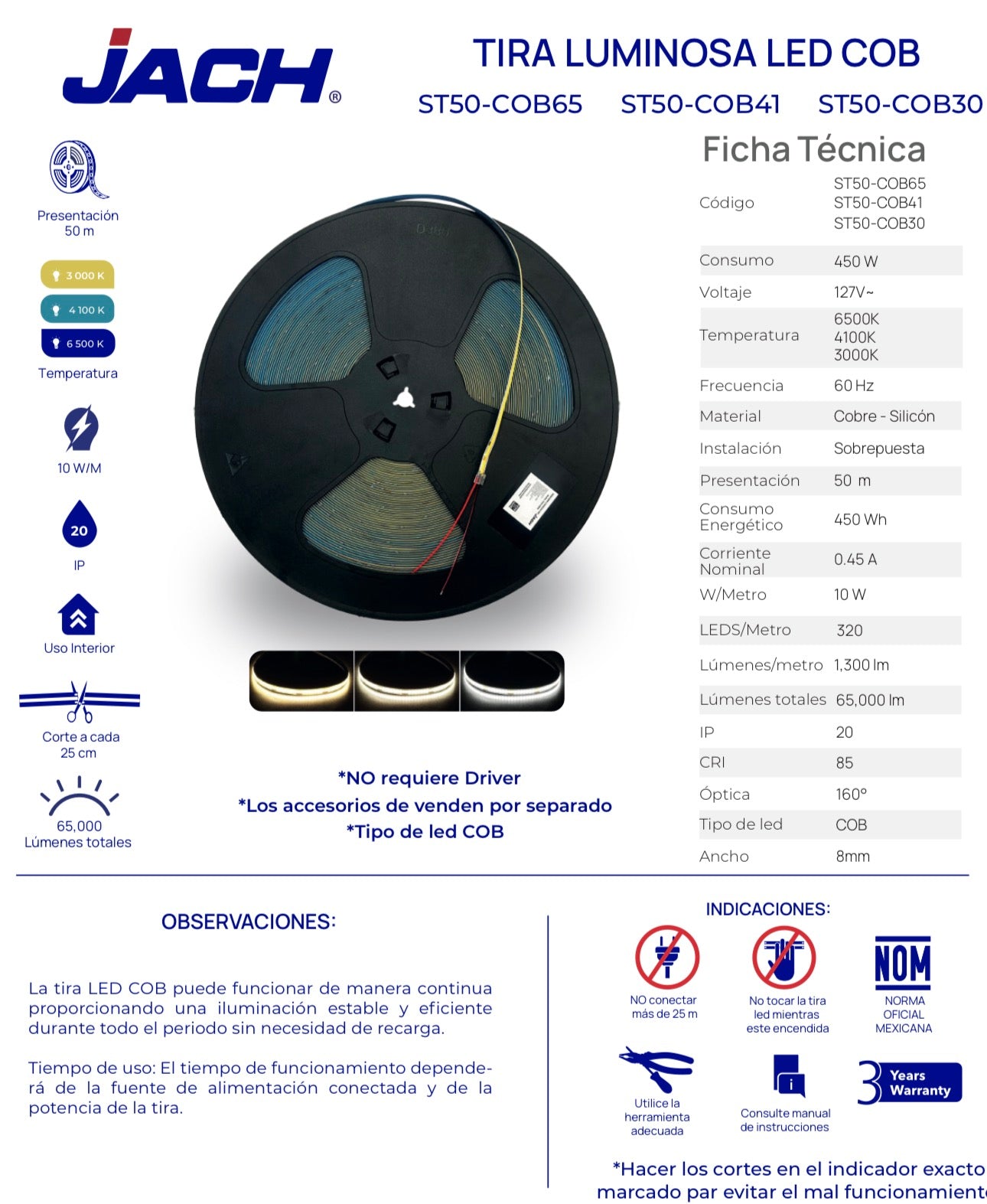 METRO TIRA LED CONTINUO COB INTERIOR 127V 65K LUZ FRÍA DIMEABLE JACH ST50-COB65