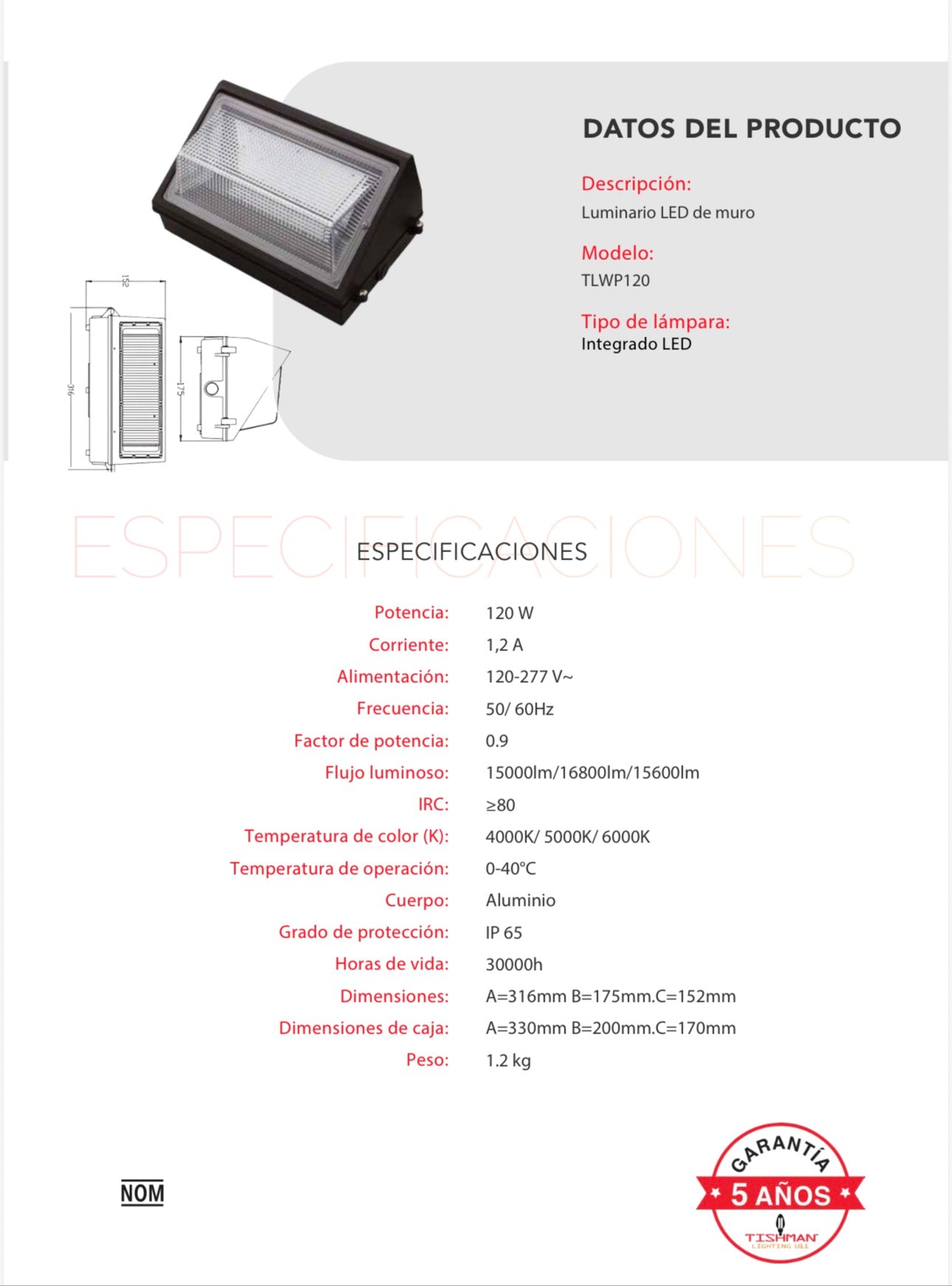LÁMPARA WALLPACK EXTERIOR 120W 16800LM TEMPERATURA AJUSTBLE 40K 50K 60K TISHMAN COSMO TLWP120